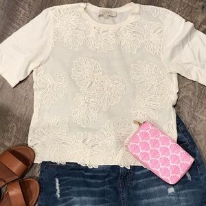 LOFT White Palm Print Short Sleeve Sweater Small
